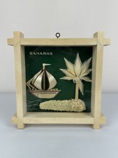 Vintage Tropical Palm Tree & Tiki Hut Straw/Rice Straw Marquetry Art in Faux-Bamboo Gilt Frame
