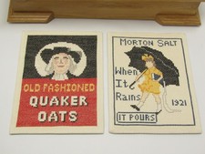 Framed Handmade Morton Salt 'It Pours' Advertising Cross-Stitch Sampler, Two-Panel — listing 2