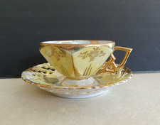 Vintage Lusterware Floral Teacup and Saucer with Heavy Gold Trim