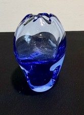Cobalt Blue Hand-Blown Art Glass Oval Bowl with Rolled Rim