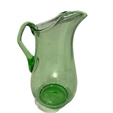 Vintage Emerald Green Hand-Blown Glass Pitcher with Applied Handle