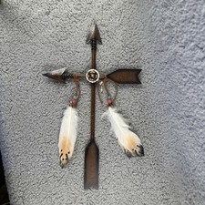 Handmade Southwestern Arrow Cross Wall Hanging with Feathers and Beaded Medallion — listing 3