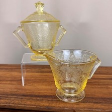 Green Uranium Depression Glass Open Sugar Dish, Florentine/Poppy or Florentine Pattern, 3 inches tall