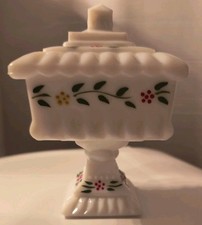 Milk Glass Pedestal Candy Dish with Embossed Fruit Pattern and Domed Lid — listing 5