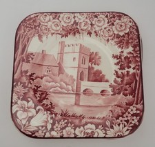 Red Transferware Square Salad Plate, Swiss Chalet Alpine Scene Pattern Clarice Cliff Tonquin — listing 6