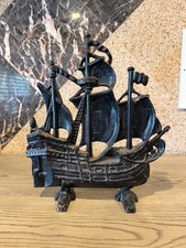 Vintage Cast Iron Galleon Ship Bookends (Pair) with Maltese Cross Sails — listing 6