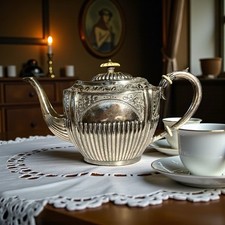 Rococo Revival Silver-Plated Moroccan-Style Teapot with Repoussé Body and Bud Finial — listing 5