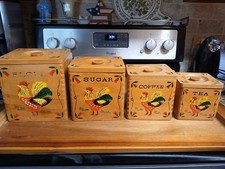 Country Rooster Wooden Kitchen Canister Set (3 pieces) with Checkerboard Border — listing 3
