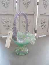 Green Opalescent Glass Ruffled Handled Basket / Bonbon Dish with Embossed Floral & Scroll Pattern
