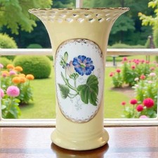 Andrea by Sadek Reticulated Porcelain Oval Basket with Blue Floral Lattice and Gold Trim — listing 2