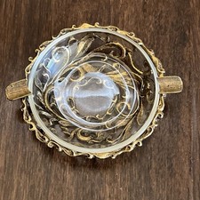 Vintage Etched Glass Footed Compote / Dessert Dish with Gold Gilt Bands