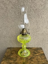 Vintage Uranium Glass Kerosene Oil Lamp with Green Vaseline Glass Font and Clear Glass Chimney, 17 inches tall — listing 6