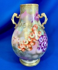 Pair of Hand-Painted Porcelain Grape Cabinet Plates with Scalloped Gold Rim