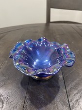 Cobalt Blue Carnival Glass Ruffled Compote with Iridescent Finish — listing 3