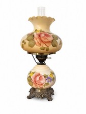Vintage Hurricane / Gone With The Wind Style Electric Table Lamp with Hand-Painted Floral Milk Glass Shade — listing 3