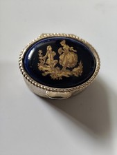 Vintage Limoges-Style Round Pill Box with Black & Gold Fragonard Courting Couple Porcelain Plaque — listing 5