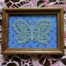 Framed Handmade Crochet Lace Butterfly Doily, Oval Blue Mat in Gold Wood Frame — listing 4