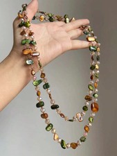 Long Handmade Beaded Necklace with Green Stone, Wood, and Metallic Beads — listing 2