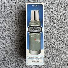 Vintage Stanley Aladdin A-944C Hammertone Green Quart Vacuum Bottle Thermos with Brown Leather Carrying Case — listing 4