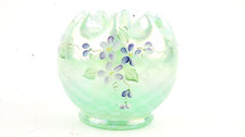 Trio of Hand-Painted Iridescent Art Glass Eggs on Pedestal Bases, Fenton-Style Floral Decoration — listing 2