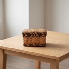 Antique Woven Rattan Lidded Basket with Carved Wood Bird Finial