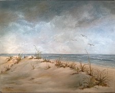 Original Oil Painting on Canvas, Beach Dunes with Sand Fence Coastal Landscape, Signed D. Ewing, Framed