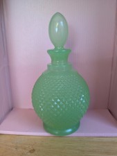 Vintage Emerald Green Diamond-Point Glass Liquor Decanter with Leather Neck Collar — listing 2