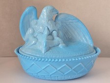 Blue Milk Glass Covered Candy Dish with Acorn Finial and Beaded Rim, Footed No marks visible — listing 5