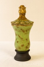 Pair of Decorative Resin Urns with Iridescent Glaze and Scrolled Finials — listing 5