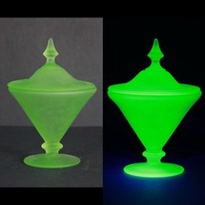 Vintage Uranium Glass Footed Candy Dish with Domed Lid, Green Satin Frosted with Greek Key Band, 5 inches tall — listing 5