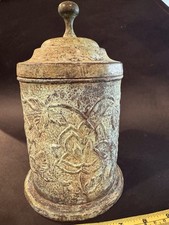 Set of 3 Decorative Embossed Metal Lidded Canisters with Footed Bases and Finial Lids — listing 4