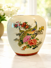 Japanese Black Ceramic Peacock Vase with Gold Trim and Twin Handles