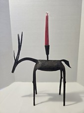 Pair of Hand-Forged Wrought Iron Figural Candlesticks, Elongated Modernist Human Forms Holding Candle Cups — listing 2