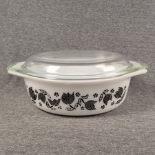Vintage Pyrex Black Tulip (Golden Tulip) Oval Casserole Dish with Lid and Serving Cradle