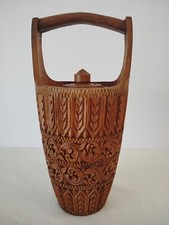 Hand-Carved Teak Wood Basket with Handle, Floral Scrollwork Relief