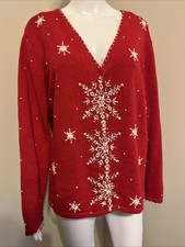 TimberLea Vintage Christmas Cardigan Sweater with Embroidered Ornaments, Snowman & Stockings, Size L — listing 4