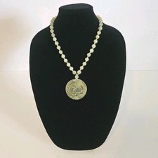 Hobe Vintage Jade Green Nephrite Bi Disc Pendant Necklace with Gold-Tone Dragon and Shou Medallion, 2" Pendant, 24" Chain — listing 4