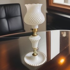 Vintage Milk Glass Daisy & Button Table Lamp with Turned Wood Accents — listing 5