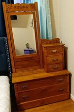 Antique Oak Dresser with Swinging Beveled Mirror, Bow-Front Base — listing 2