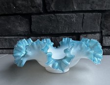 Blue Opalescent Art Glass Ruffled Trumpet Vase / Tulip Lamp Shade — listing 5