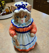 Ceramic Figural Cat Cookie Jar, Hand-Painted Calico with Bow — listing 5