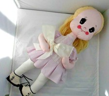Handmade Cloth Rag Doll with Hand-Painted Face, Yarn Braids, and Cream Muslin Dress