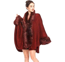 Deep Red Wool-Blend Coat with Faux Fur Trim Collar, Cuffs & Hem — listing 4