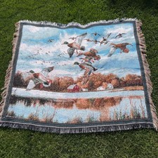 Vintage Woven Cotton Tapestry Throw Blanket with Ducks, Cattails, and Retriever Dog Cabin/Lodge Motif — listing 5