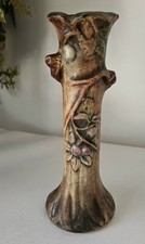 Pair of Weller Woodcraft 7" Twin-Handled Bud Vases with Applied Plum & Foliage, listing 3