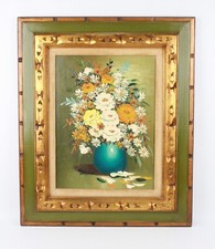 Original Oil Painting Still Life Yellow & Orange Roses in Vase, Gold Frame — listing 2