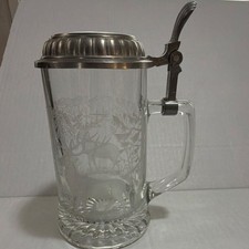 Pair of German Etched Glass Beer Steins with Hinged Pewter Lids, Elk/Stag Wildlife Motif — listing 5