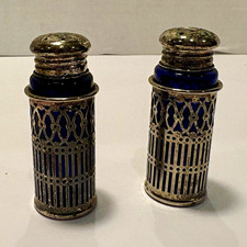 F.B. Rogers Silverplate Cobalt Glass Salt & Pepper Shaker Pair, Pierced Filigree Cases