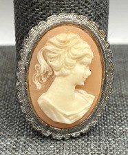 Antique Filigree Domed Carved Cameo Brooch with Turquoise and Jade Cabochons, listing 3