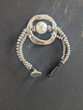 Uno de 50 Leather & Silver-Plated Cuff Bracelet with Smoky Gray-Green Faceted Crystal, listing 2